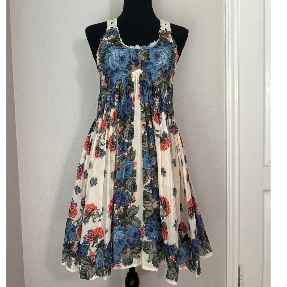 Free People Little Teacup Dress Small Blue Floral Crochet Cottage Shabby Chic